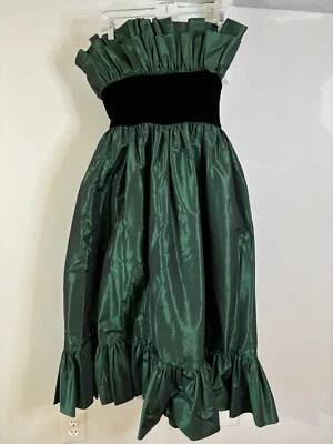 Vestido de Colección Victor Costa Verde Tafetán y Terciopelo Hasta el Té 10 Volantes Años 80 Vacaciones Foto 1 de 4