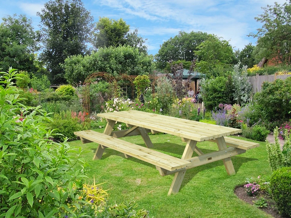 Picknicktisch 240 cm Tisch + 2 Bänke Gartenmöbelset Holzgarnitur Sitzgruppe - Bild 1 von 3
