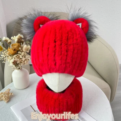 1 Set Child Kids Real Rabbit Fur Hat +Scarf Sets Winter Warm Elastic Cap Collor - Image 1 of 4