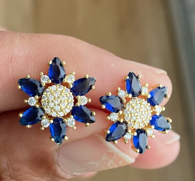 Mujer Chapado en Oro 18k Zafiro Azul Pendientes Joyería Foto 1 de 4