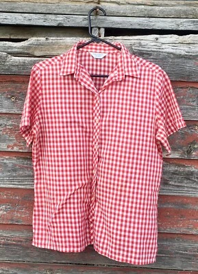Vintage SEARS Perma-Smooth Red Checkers M Button Up Shirt Blouse Rockabilly Nice - Image 1 of 4
