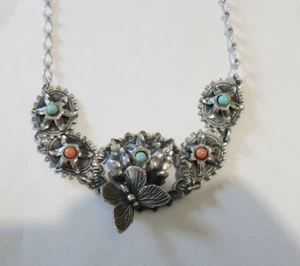 STERLING VINTAGE STUNNING BUTTERFLY CORAL/JADE ONE OF A KIND NECKLACE - Picture 1 of 6