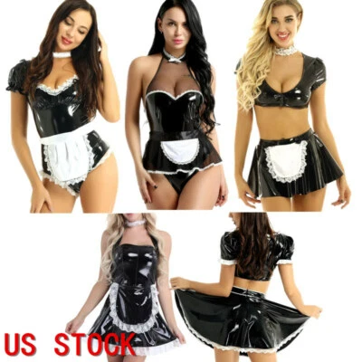 Para mujeres Francés Mucama Camarera Uniforme Trajes Aspecto Húmedo Cuero Disfraz Juegos con disfraces Foto 1 de 2
