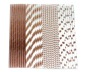 Rose Gold Paper Straws Polka Dot Chevron Stripes Biodegradable Party Supplies - Picture 1 of 5