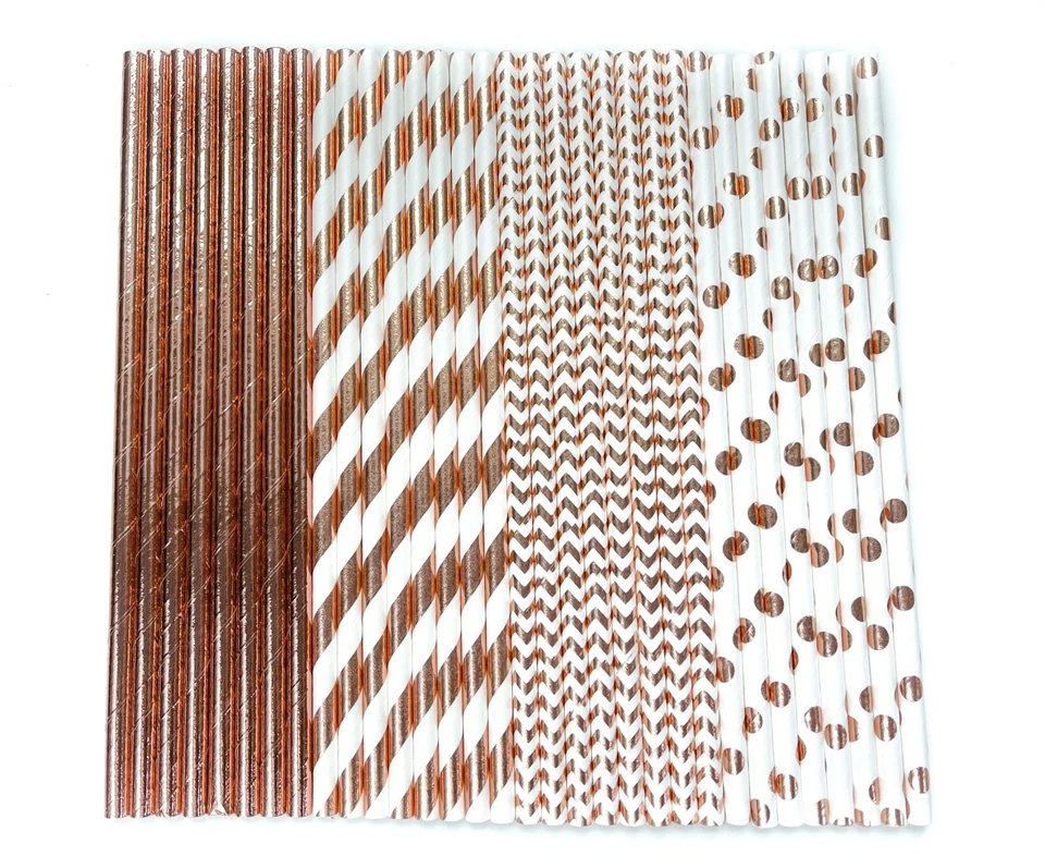 Pajitas de papel oro rosa lunares rayas chevron suministros de fiesta biodegradables Foto 1 de 1