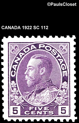 CANADA 1922 SC 112 KING GEORGE V 5¢ VIOLET WET PRT MNH OG VF - Image 1 of 2