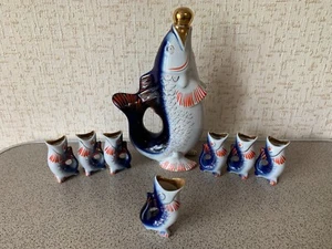 Vintage Porzellan Flasche Dekanter für Likör blauer Fisch 7 Gläser 80er UdSSR - Bild 1 von 21