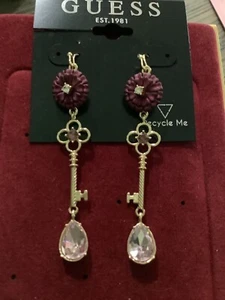 Guess Gold tone Hook earrings Flower, Key, pink stones - Picture 1 of 5