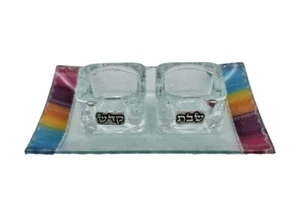 Moderner Kristall Kerzenhalter Set für Schabbat + bemaltes Glas Tablett handgefertigt - Bild 1 von 1