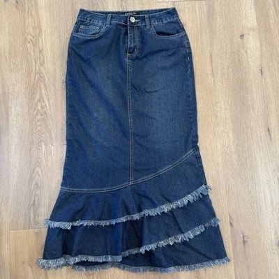 Maxi falda vaquera acampanada con volantes dobladillo con flecos talla 2 Y2K Baccini años 90 de colección Foto 1 de 4