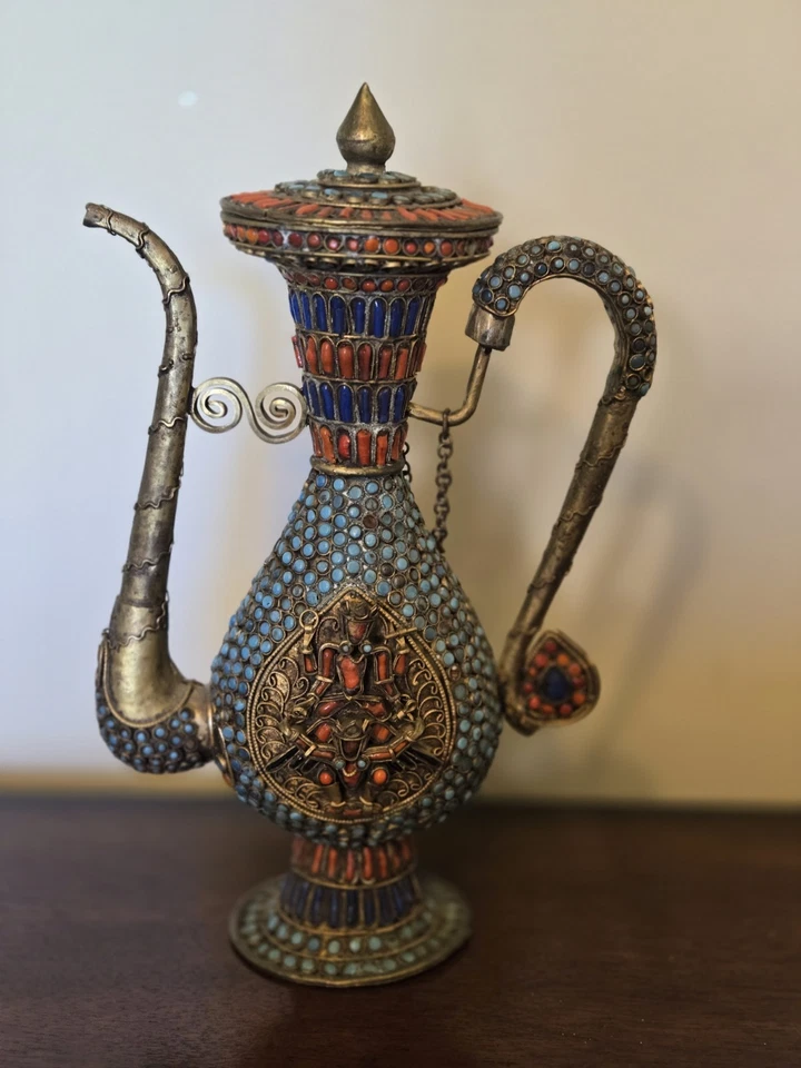 antique early 19th century handmade Tibetan coral turquoise bronze pitcher pot - Image 1 of 4