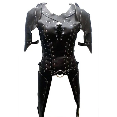 Mujer Cuero Armadura Cuero Negro Armadura Halloween Disfraz LARP Personaje Disfraz Foto 1 de 3