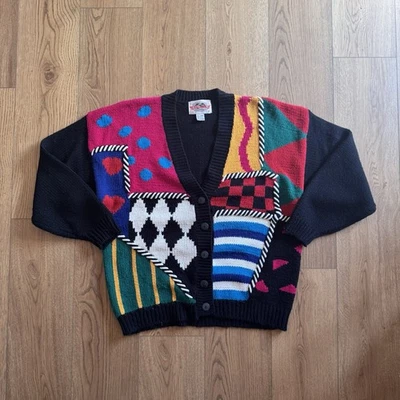 Cardigã vintage estampado patchwork preto masculino suéter grande anos 80 coração diamante - Imagem 1 de 4