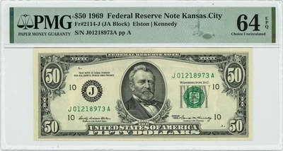 FR #2114-J $50 1969 Federal Reserve Note Kansas City Ch Unc 64 EPQ PMG DC-6298 - Image 1 of 3