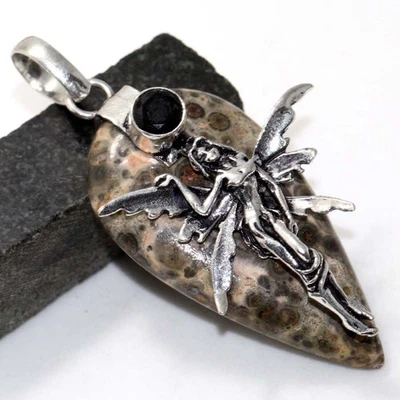 Colgante de piel de leopardo jaspe negro con tapa de ónix llamativo talla 2,2" GW Foto 1 de 3