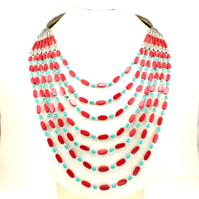 Colar natural tibetano turquesa vermelho quartzo pedra preciosa feita à mão joias com miçangas - Imagem 1 de 4