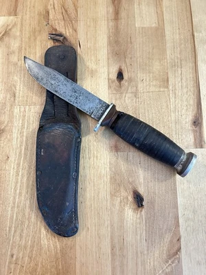 Cuchillo de hoja fija/vaina mango envolvente de cuero antiguo Schrade Walden NY EE. UU. H-15 de colección Foto 1 de 4
