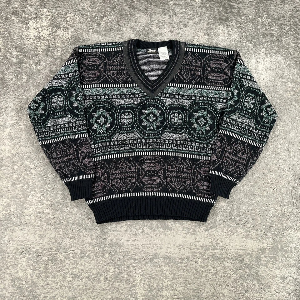 Suéter Vintage Impact Para Hombre Medio Gris Verde Cuello en V Tejido Pullover Geométrico Años 90 Foto 1 de 4