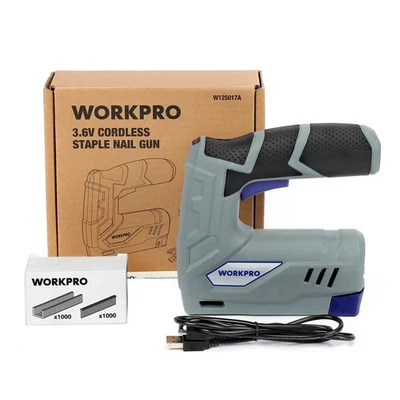 Pistola de clavos eléctrica WORKPRO 3,6 V con 2000 piezas clavos grapas cable de carga USB Foto 1 de 4