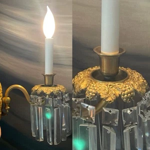 PAIR RESTORED Antique Vtg Crystal Wall Sconces Victorian Art Deco Ornate Brass - Picture 1 of 21