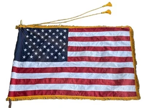 Indoor 59+38’ USA Flag With Gold Fringe - Made In The USA + 2 Piece Wooden Rod - Picture 1 of 14