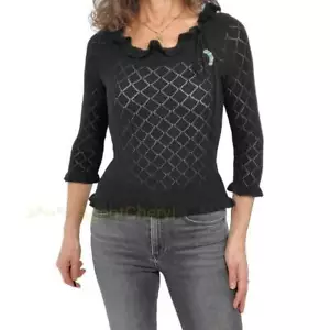 LAUNDRY Shelli Segal XS Mujer Pulóver Suéter Negro 3/4 Slv Volantes Tejido Abierto - Imagen 1 de 9