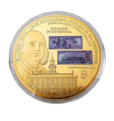 $100 Benjamin Franklin Coin 110g 70mm Layered in 24k Gold Proof - Image 1 of 2