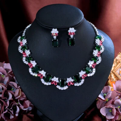 Juego de joyas de disfraz nupcial collar pendiente de tenis cuadrado verde circonita cúbica plateado Foto 1 de 4