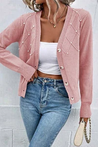 Sepia Rose Textured Knit Pearl Beaded Button Up Cardigan - Picture 1 of 8