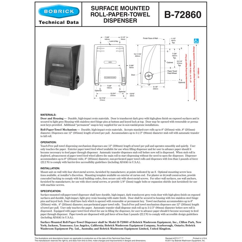 Bobrick B-72974 Surface-mounted Automatic Roll Paper Towel Dispenser