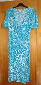 Kim & Co: size small Vintage aqua animal print wrap over dress - Picture 1 of 6