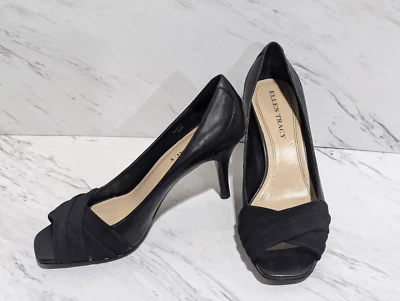 Zapatos de salón para mujer Ellen Tracy de cuero liso negro punta abierta de 3,5" talla 7,5 M Foto 1 de 4