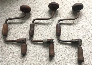Lot Of Three Vintage Wooden Handle Hand Drills - Picture 1 of 10