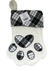 Black & White Buffalo Plaid Check Dog Paw Christmas Stocking 13" - Picture 1 of 1