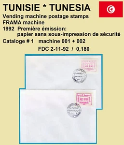 Tunisia Tunisia 1992 Frama ATM 1 #001 + #002 * per FDC 0,180 francobolli automatici - Foto 1 di 2
