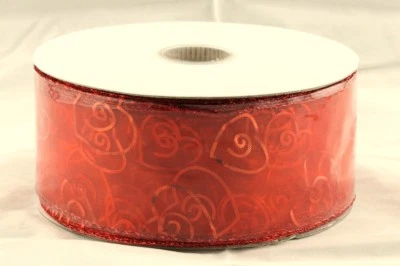 Forever More Red Swirl Hearts Sheer Red Wide Wired Ribbon 50 Yards NEW valentine - Image 1 of 2