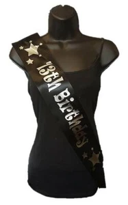 Black Happy 13th Birthday Party Satin Ribbon Sash - Age 13 Silver Stars - Picture 1 of 1