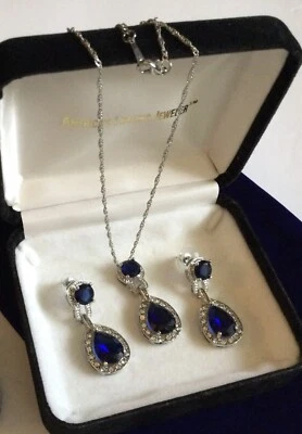 Blue Sapphire and White CZ Necklace and Earring Jewelry Set - Image 1 of 4