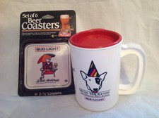 Spuds Mackenzie Beer Beverage Coasters & Coffee Mug with lid New 1980s