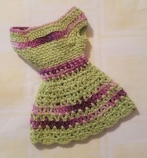 Barbie Doll Clothing Green & Purple Striped Crochet Dress Metal Snaps Button