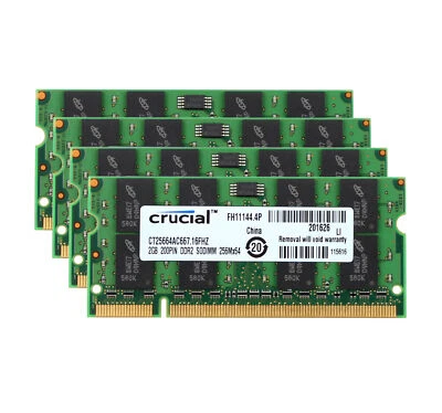 Crucial DDR2 RAM 8 GB 4X 2 GB DRAM PC2-5300S 667MHz 200PIN SODIMM Laptop Memory - Image 1 of 4