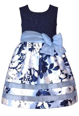 NEW Bonnie Jean Girls Size 6 "BLUE IVORY FLORAL" Sparkle Knit Mikado Dress NWT - Image 1 of 3