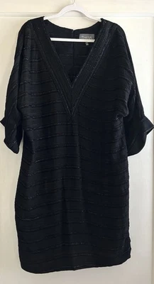 Vestido Kimono Caftán Cuello en V Rayas Metálicas Cuentas Negro Theia Talla 14 Foto 1 de 4