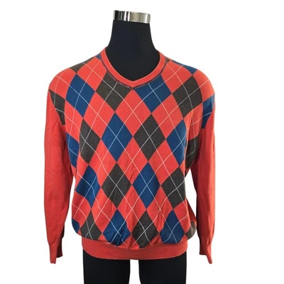 John Bartlett Consensus Men Orange Argyle V Neck XL Sweater 100% Cotton - Image 1 of 4