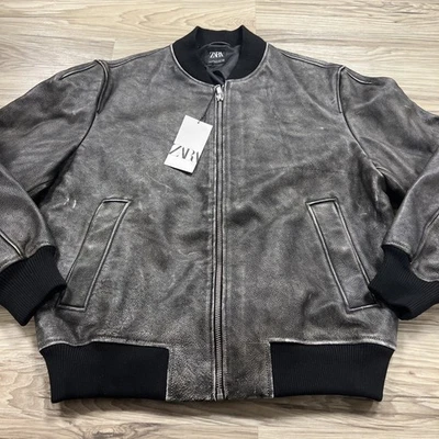 Chaqueta de bombardero de cuero granulado pesado ZARA negra ahumada para hombre L/XL $250 Foto 1 de 4