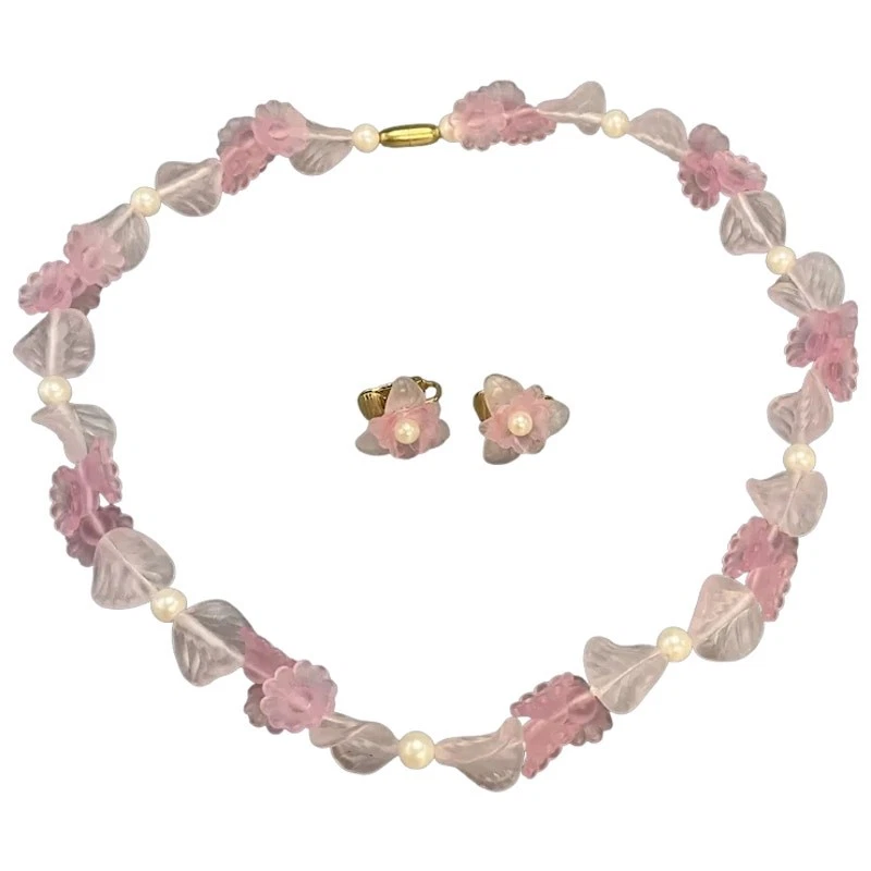 Vintage Pink Frosted Lucite Flower Necklace and Clip Earrings Faux Pearls - Image 1 of 4
