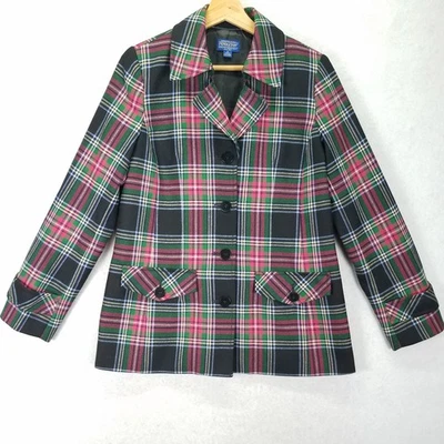Chaqueta Blazer Vintage Pendleton Lana Tartán Cuadros Talla 8 Negro Rosa Verde Foto 1 de 4