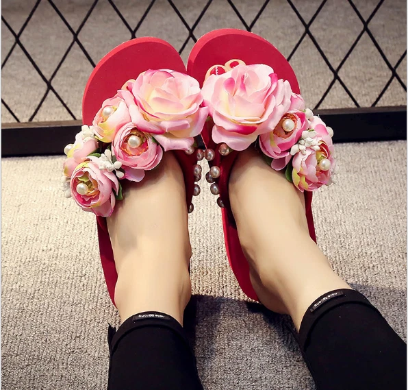 Damas Zapatillas Chanclas Playa Nuevas 3D Flor Cuña Tacón Alto Sandalias Verano Foto 1 de 4