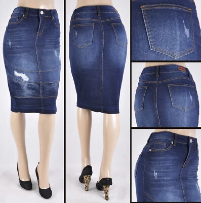 Women 26" Skirt Stretch Denim PENCIL dark wash moto skirt ripped#WG-78021 - Image 1 of 3