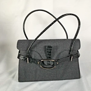 Stuart Weitzman Gray Wool & Black Croc Embossed Leather Handbag Made in Spain - Picture 1 of 14